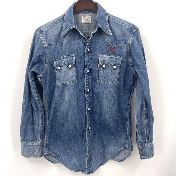 VTG Levi's Big E Sawtooth Short Horn Pearl Snap Button Denim Shirt Sanforized - Picture 1 of 16